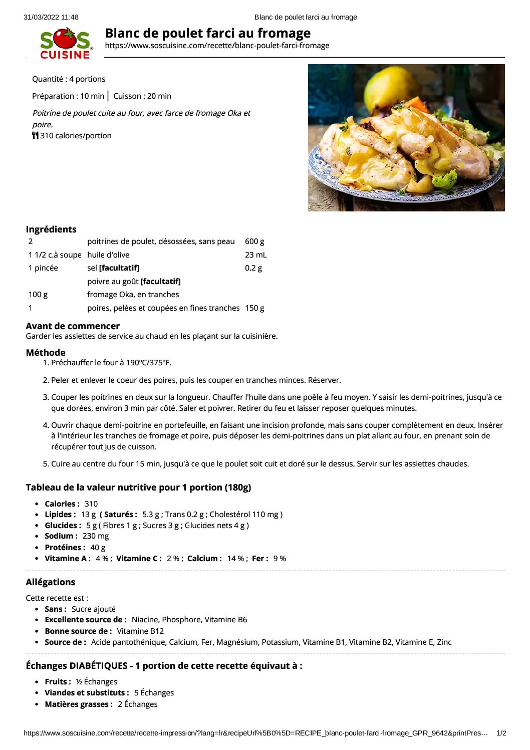 Blanc de poulet farci au fromage