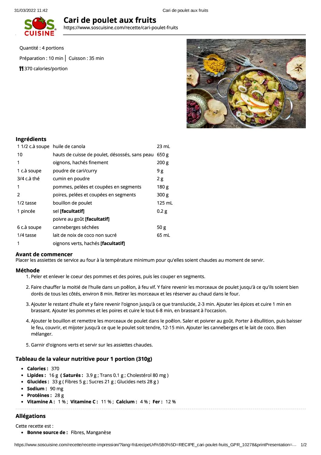 Cari de poulets aux fruits