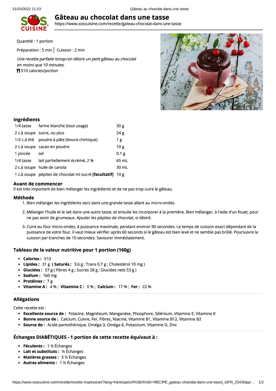 Gâteau au chocolat dans une tasse