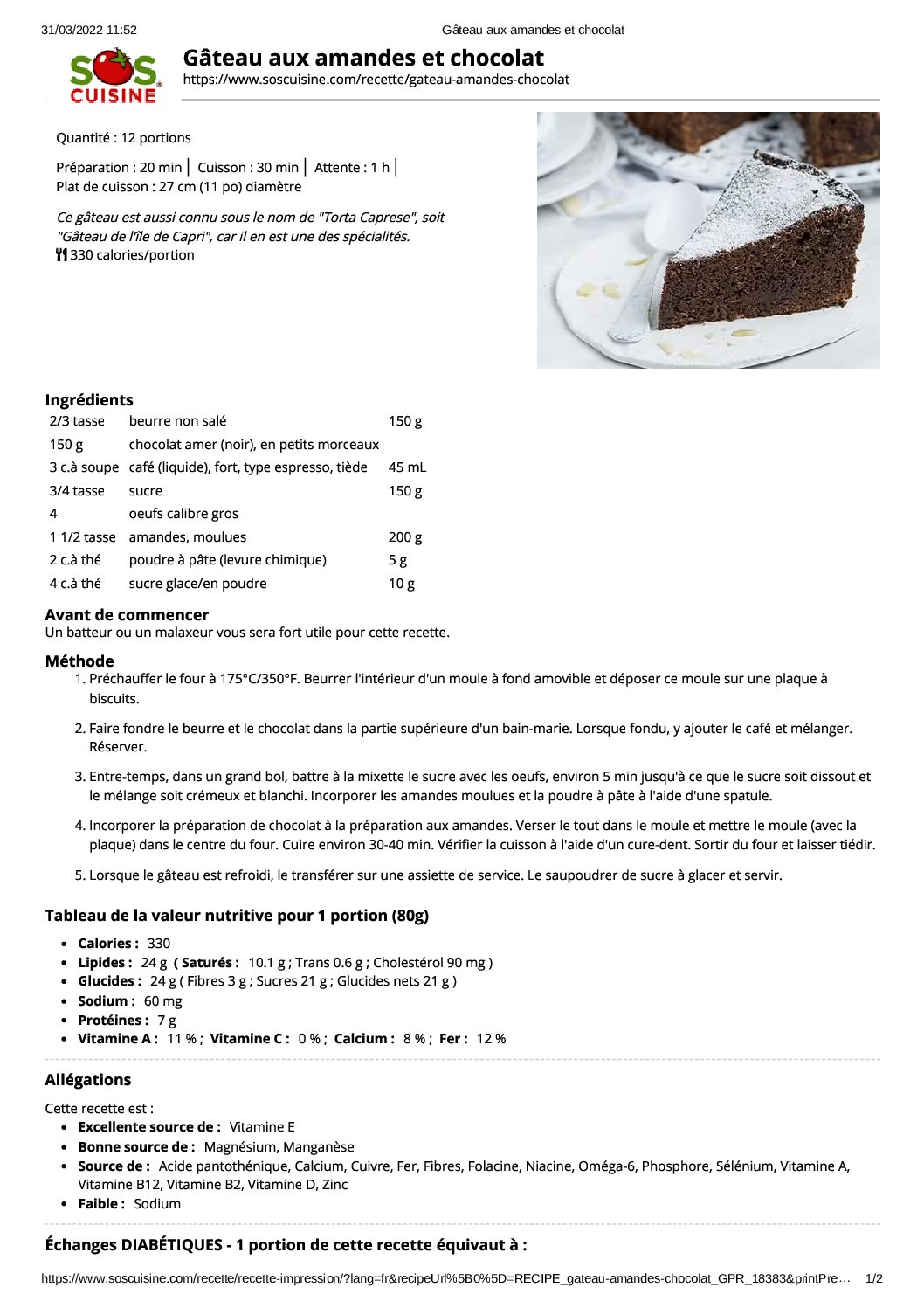 Gâteau aux amandes et au chocolat