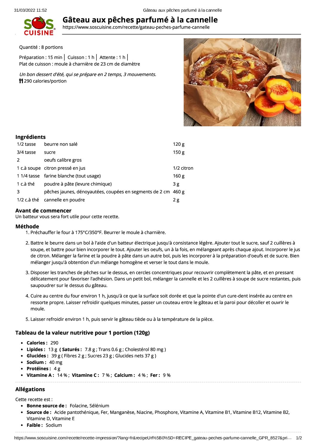 Gâteau aux pêches parfumé à la cannelle 