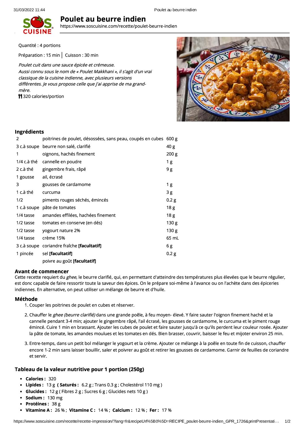 Poulet au beurre indien