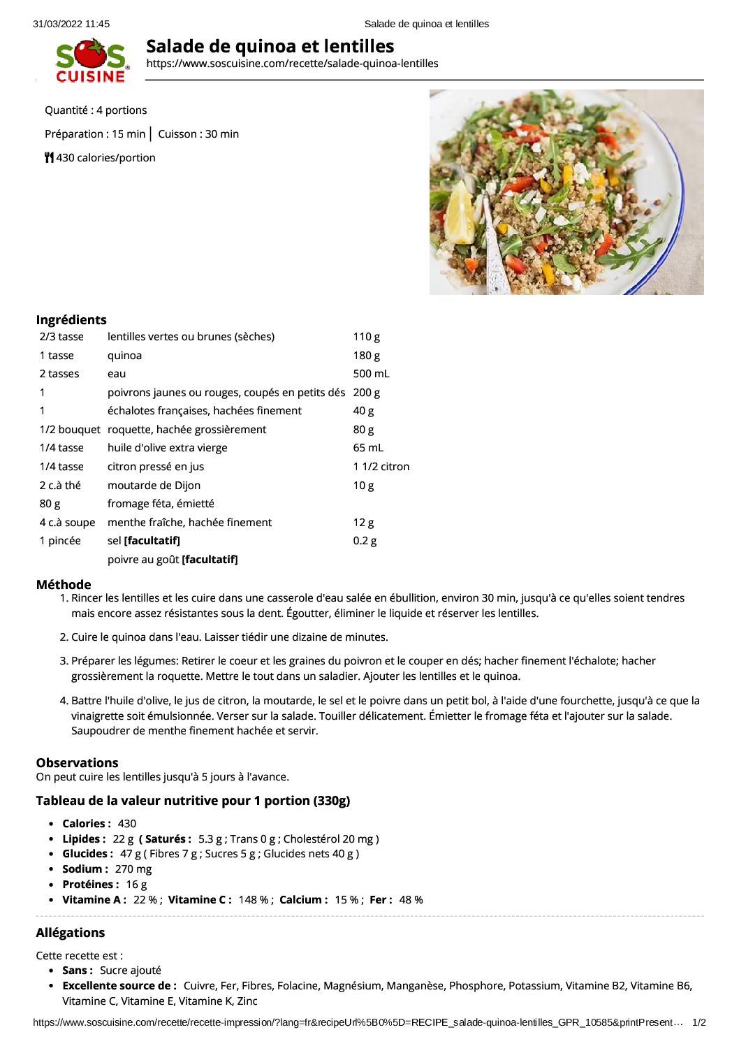 Salade de quinoa et lentilles